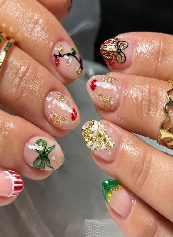 KRTBKR 24Pcs Christmas Press on Nails Short Almond Elk Fake Nails Colorful Lights Glitter Red Green Design with Xmas Tree Rhinestones Glue on Nails French Tip False Nails for Women Winter Holiday Acrylic DIY - Image 1